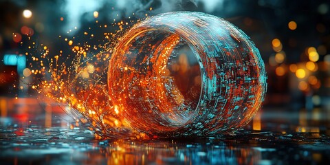 Poster - Vibrant digital swirl with sparks and water reflections creating a dynamic visual display at twilight