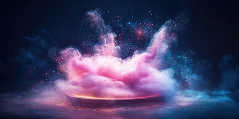 Poster - Vibrant explosion of colorful smoke and dust rising from a circular base in a dark ambient setting at night