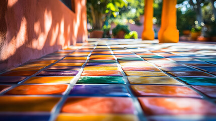 Poster - A colorful tiled floor featuring vibrant geometric patterns creating a stunning visual experience in a close-up perspective.