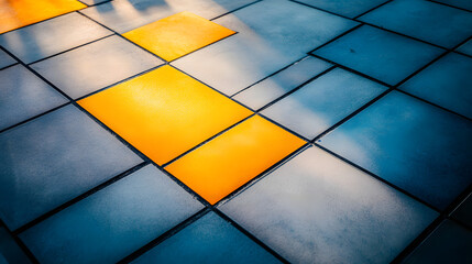 Poster - Close-up view of a tiled floor with geometric patterns and a person walking on a patio bath surface highlighting the beautiful designs.