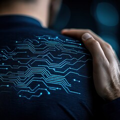 Fototapete - Embracing Innovation: A person's back with circuit board design illuminated, symbolizing technological support, with a hand of another person, fostering a sense of partnership and progress.