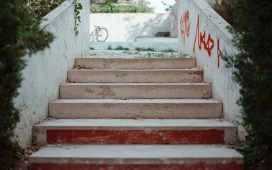 Poster - Worn concrete stairs with red painted edges lead upward with blurred graffiti and greenery framing the scene