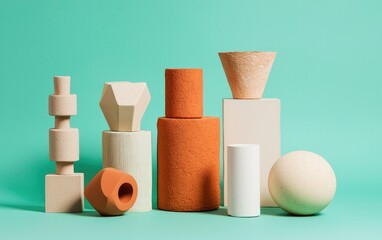 Poster - Geometric Shapes in Orange and White on Teal Backdrop