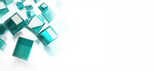 Poster - abstract teal glass cubes floating in space with soft white background