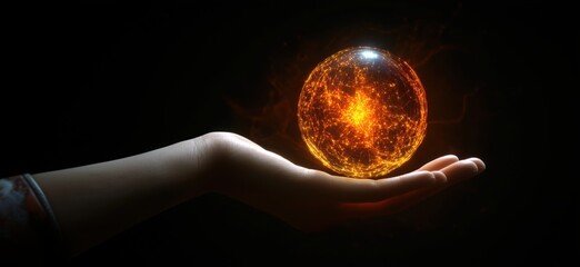 Poster - Glowing energy orb held in hand with intricate light patterns and dark background