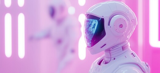 Poster - Futuristic robotic astronaut in neon-lit environment with digital display helmet
