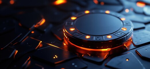 Poster - Futuristic glowing button on dark textured surface with orange accents and reflections