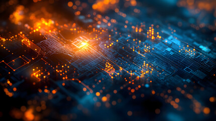 Poster - Intricate circuit board design featuring a glowing orange light with technical elements and geospatial grid overlay on a city map.