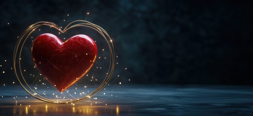 Poster - Glowing red heart surrounded by sparkling light circle on dark background