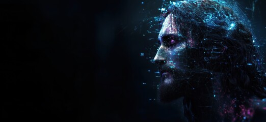 Poster - Digital representation of Jesus with glowing data connections and abstract background