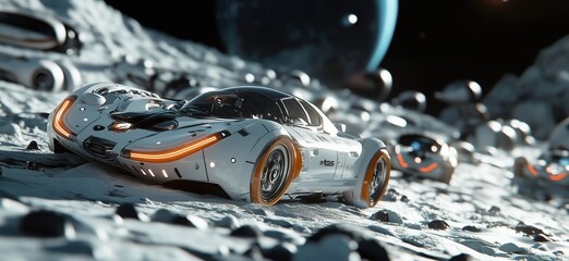 Poster - Futuristic space vehicles on lunar surface with distant planets and asteroids