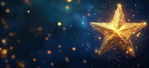Poster - Golden sparkling star with bokeh effect on dark blue background for festive occasions