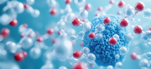 Poster - Molecular Structure Representation with Blue Sphere and Red-White Molecules in Background