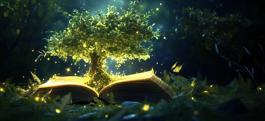 Poster - Magical tree growing from open book in enchanting forest setting with glowing lights