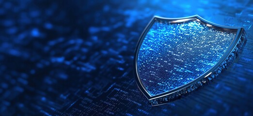 Fototapete - Digital shield symbolizing cybersecurity and data protection in a blue tech environment