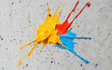 Poster - Red Yellow And Blue Paint Splatter On A Textured Gray Wall