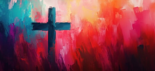 Poster - Abstract colorful painting featuring a prominent black cross silhouette
