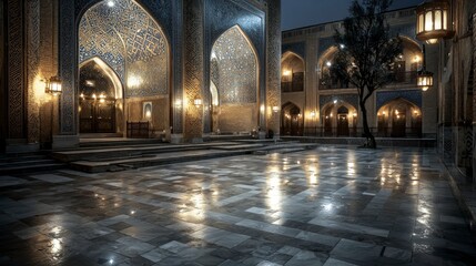Poster - Serene nighttime architecture historic courtyard cultural heritage urban setting illuminated view tranquility for seo
