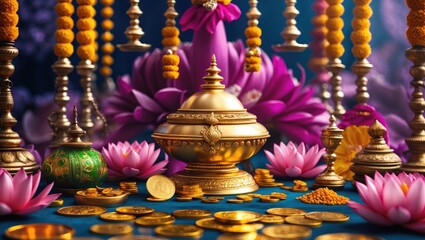 Fototapete - The festival in Hinduism, featuring a kalash, gold coins, a lotus, and various sacred objects.