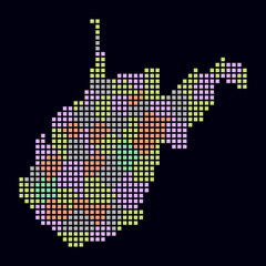 Poster - West Virginia dotted map. Digital style map of the state on dark background. West Virginia shape with square dots. Colored dots style. Large size squares. Creative vector illustration.