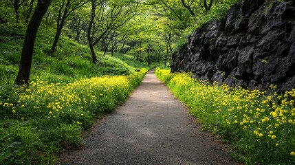 Poster - Exploration of a serene path vibrant flowers and lush forests captured in tranquil nature photography