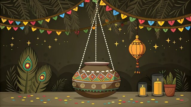 happy janmashtami background with hanging pot
