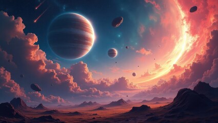 Wall Mural - Vast universe featuring unusual, unknown planets, stars, meteors, asteroids, and other celestial bodies. Cosmic exploration and science fiction. Illustrated in a single, delicate line.