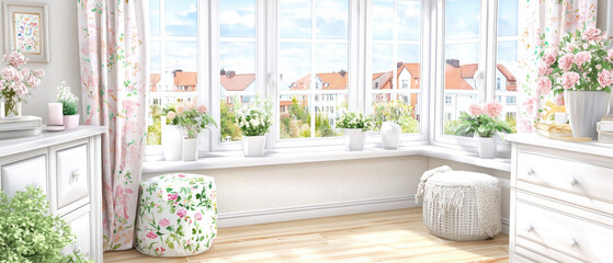 Poster - bright and airy living space with large windows, floral curtains, and potted plants, creating cozy and cheerful atmosphere. wooden floor and white furniture add to charm