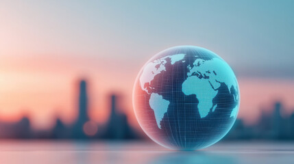 Poster - glowing digital globe with focus on continents, set against blurred cityscape background, symbolizing global connectivity and modern technology