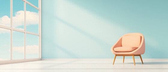 Poster - modern minimalist interior with pastel pink armchair placed near large window, allowing natural light to fill room. light blue wall and wooden flooring create serene atmosphere