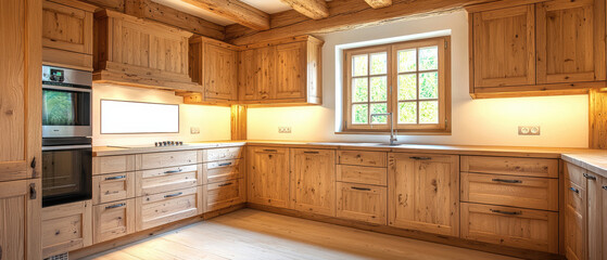 Poster - rustic farmhouse style kitchen with wooden beams, natural wood cabinets, and large window providing ample natural light, creating warm and inviting atmosphere