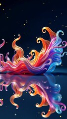 Poster - A colorful wave with a fire in the middle. The fire is orange and red. The wave is reflected in the water