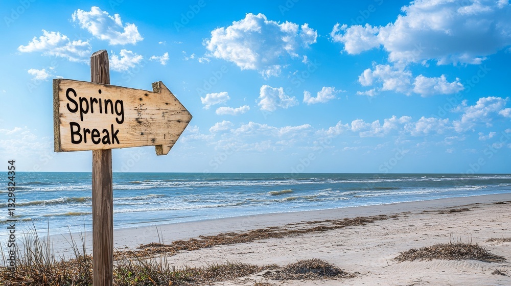 Spring Break Sign with Tropical Beach Background, Sun, Sand, and ...