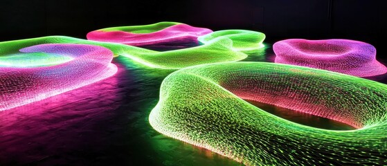 Poster - Neon Bio-Luminescent Vortex, undulating wave rings in vibrant lime green and hot pink create a glowing lattice, pulsing nodes intensify the hypnotic depth against a soft black backdrop.