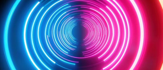 Poster - Neon Energy Portal, concentric electric blue and pink rings pulse outward from a vibrant core, creating a mesmerizing gradient against a grainy black backdrop, evoking a retro sci-fi ambiance.