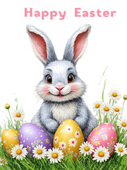 Poster - A charming Easter bunny holds a decorated egg amidst a colorful array of eggs and daisies