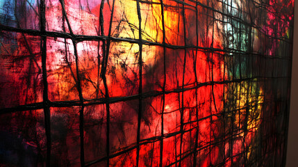 Aufkleber - Abstract painting on a wall featuring iso-grid design captured from a side view showcasing colorful patterns and artistic elements.