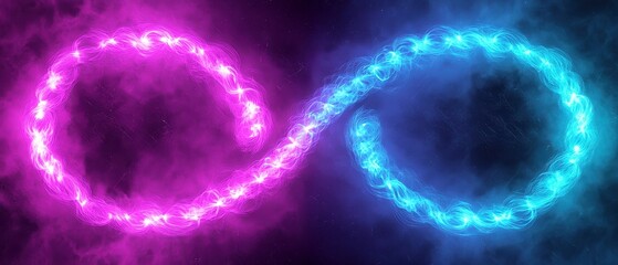 Poster - Neon Helix Dance, Two vibrant neon spirals intertwine in a cosmic display, radiating electric colors and creating a mesmerizing visual rhythm on a dark canvas.