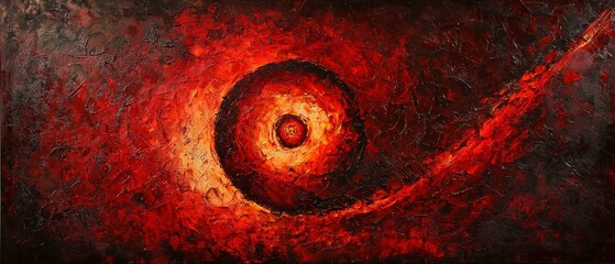 Poster - Ruby Flame Vortex, swirling ruby and crimson spirals radiate an intense glow at the center, softly diffusing into a textured black background.