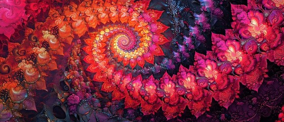 Poster - Scarlet Fractal Spiral, intricate geometric spirals in vivid scarlet and burgundy, radiating vibrant light at the center, fading softly into a grainy dark backdrop.