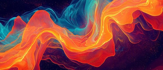 Poster - Tangerine Glow Waves, vibrant undulating waves of neon tangerine and coral spiral symmetrically, edges gently fading into a soft grainy darkness, creating a mesmerizing visual effect.