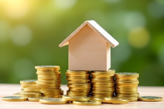 Home wooden blocks placed on stacks of coins. Financial planning, investment, and achieving monetary goals concept. Business background