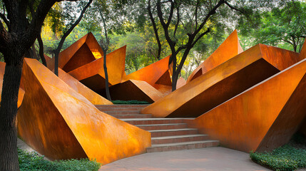 Poster - A sculpture in a park surrounded by nature featuring layered triangles in a serene outdoor environment with warm light and tranquil vibes.