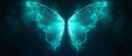 Poster - Symmetric Butterfly Glow, two mirror-image neon shapes in intense teal transitioning to arctic blue, surrounded by cool aqua mist, creating a soft ethereal effect against darkness