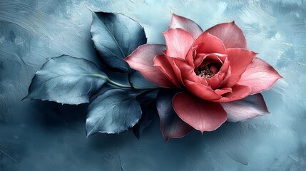 Poster - Beautiful red flower with a blue leaf. The flower is the main focus of the image and it is surrounded by a blue background. The blue background gives the image a calm and serene mood