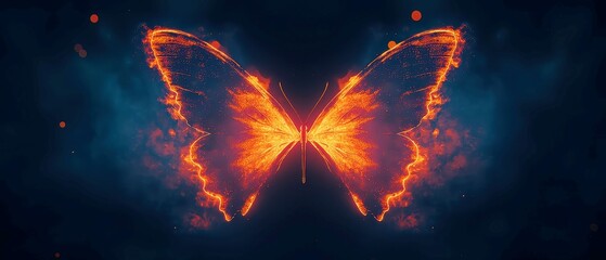 Poster - Symmetric Butterfly Glow, vibrant neon coral shapes radiate sunset orange hues, surrounded by a soft mist, creating an ethereal and harmonious visual experience.