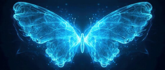 Poster - Symmetric Butterfly Glow, two mirror-image neon shapes in sapphire-blue fading to vivid cyan, enveloped in an ethereal mist that softens the lines against a dark backdrop.