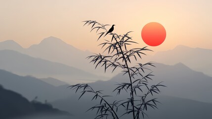 Poster - Bird is perched on a bamboo tree in front of a red sun. The scene is serene and peaceful, with the bird and the sun creating a sense of calmness and tranquility