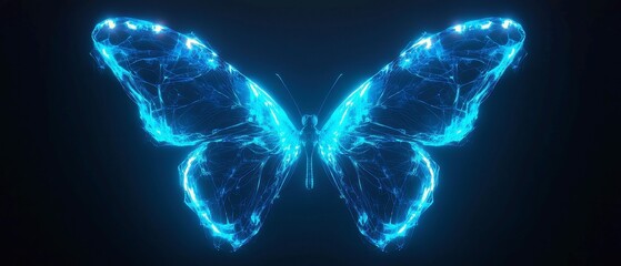 Poster - Symmetric Neon Butterfly, two mirrored forms radiating bright cyan at the center, fading to deep navy edges, enveloped in a soft blue mist for an ethereal ambiance