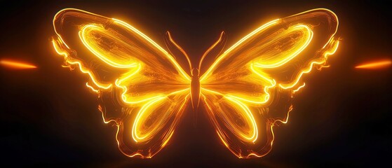 Poster - Symmetric Butterfly Glow with golden-yellow neon shapes at the center, fading to honey amber mist, creating an ethereal, soft-focus ambiance against a dark backdrop